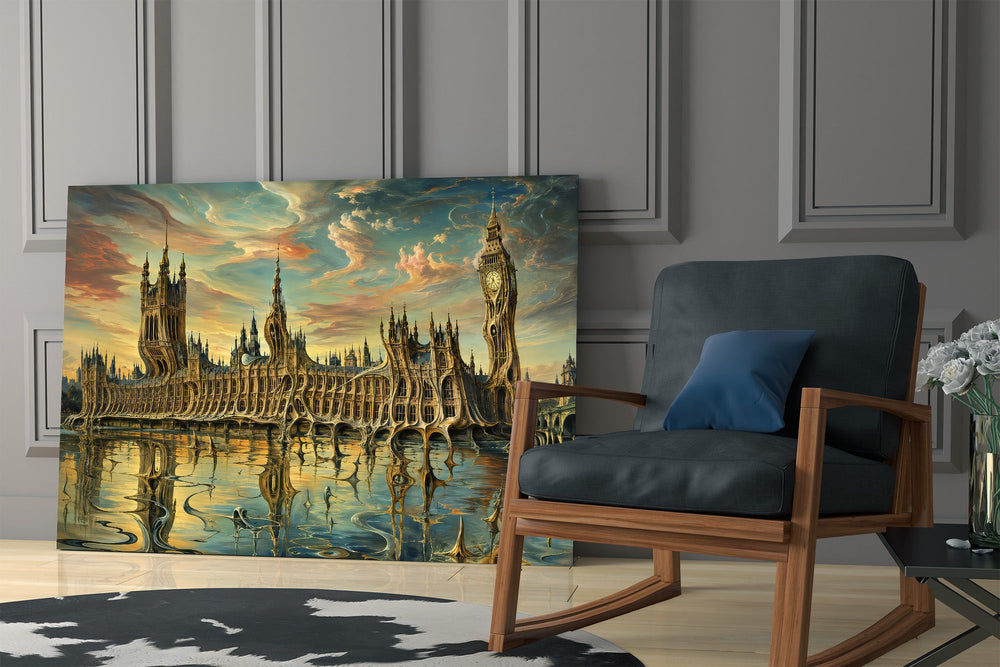 Big Ben Westminster glass wall art hanging as a focal point in a modern room