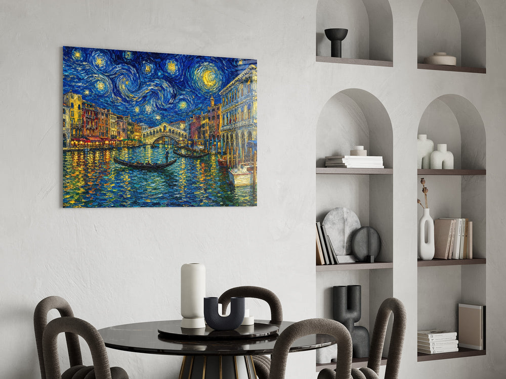 Venice Grand Canal glass wall art shown in a warm, styled interior setting
