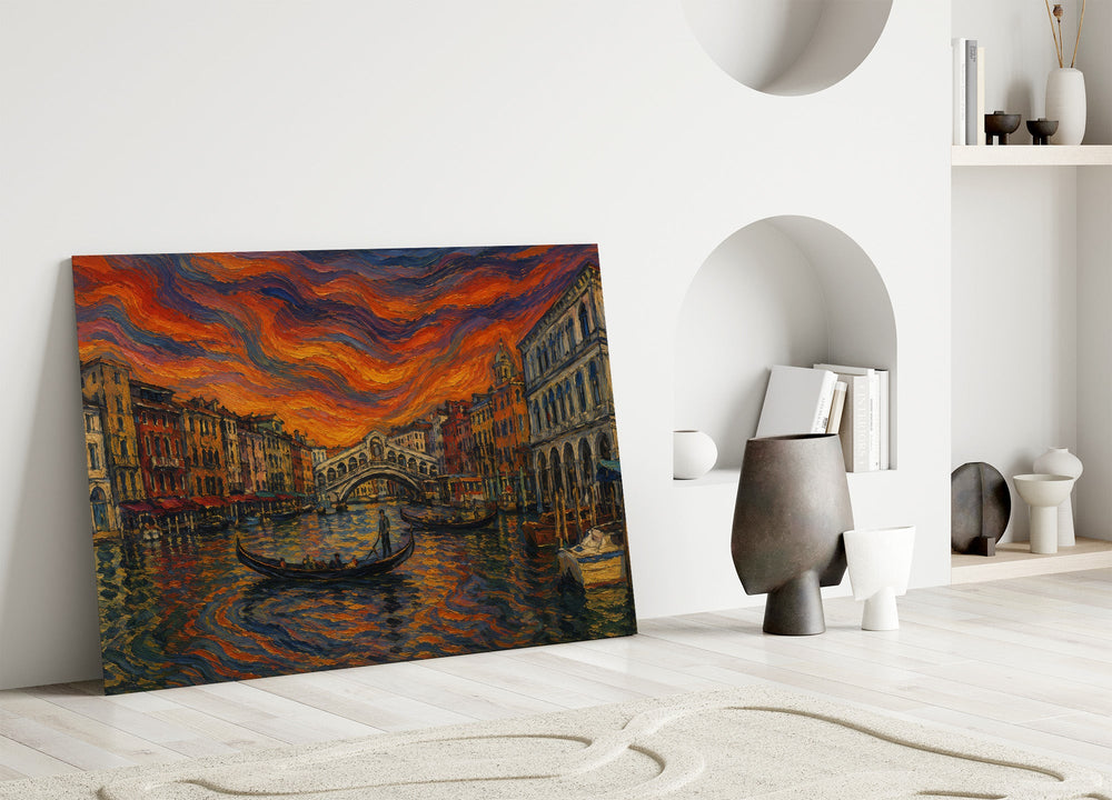 Venice Grand Canal glass wall art leaning against a wall in a minimalist interior