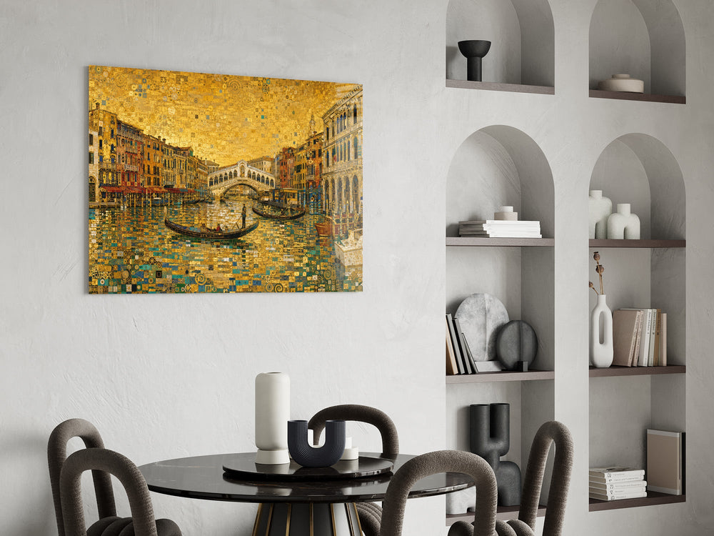 Venice Grand Canal glass wall art shown in a warm, styled interior setting