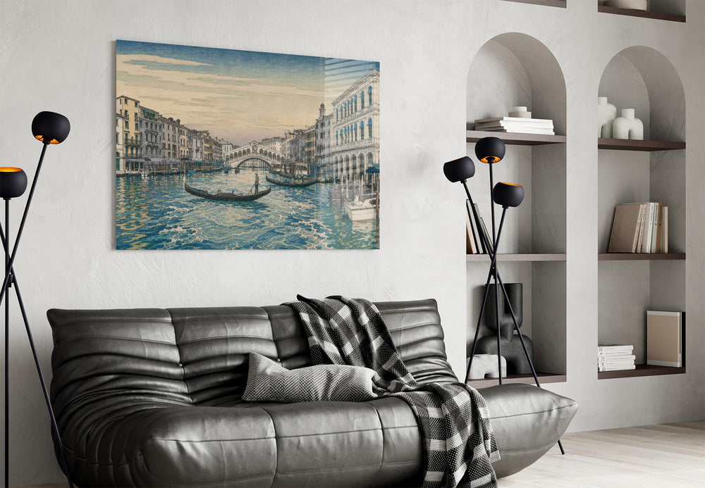 Venice Grand Canal glass wall art styled in a contemporary living room