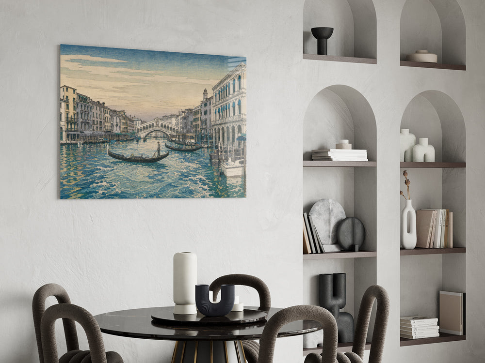 Venice Grand Canal glass wall art shown in a warm, styled interior setting