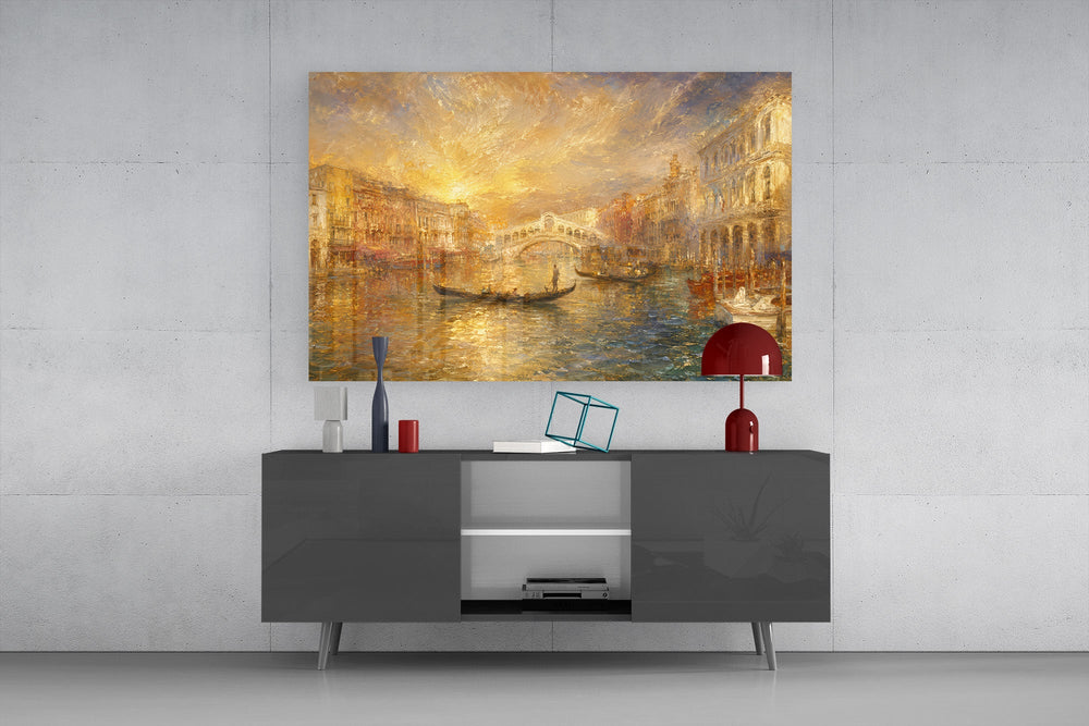 Venice Grand Canal glass wall art displayed above a console in a modern interior
