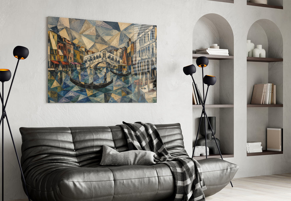 Venice Grand Canal glass wall art styled in a contemporary living room