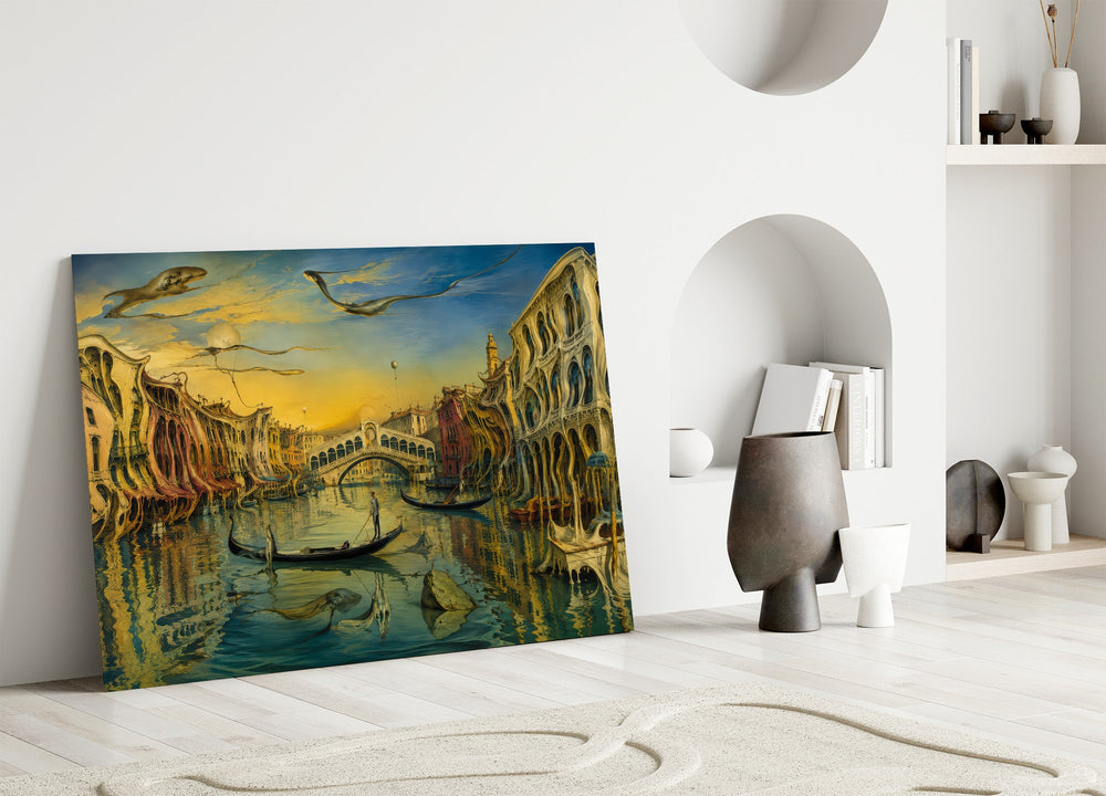 Venice Grand Canal glass wall art leaning against a wall in a minimalist interior