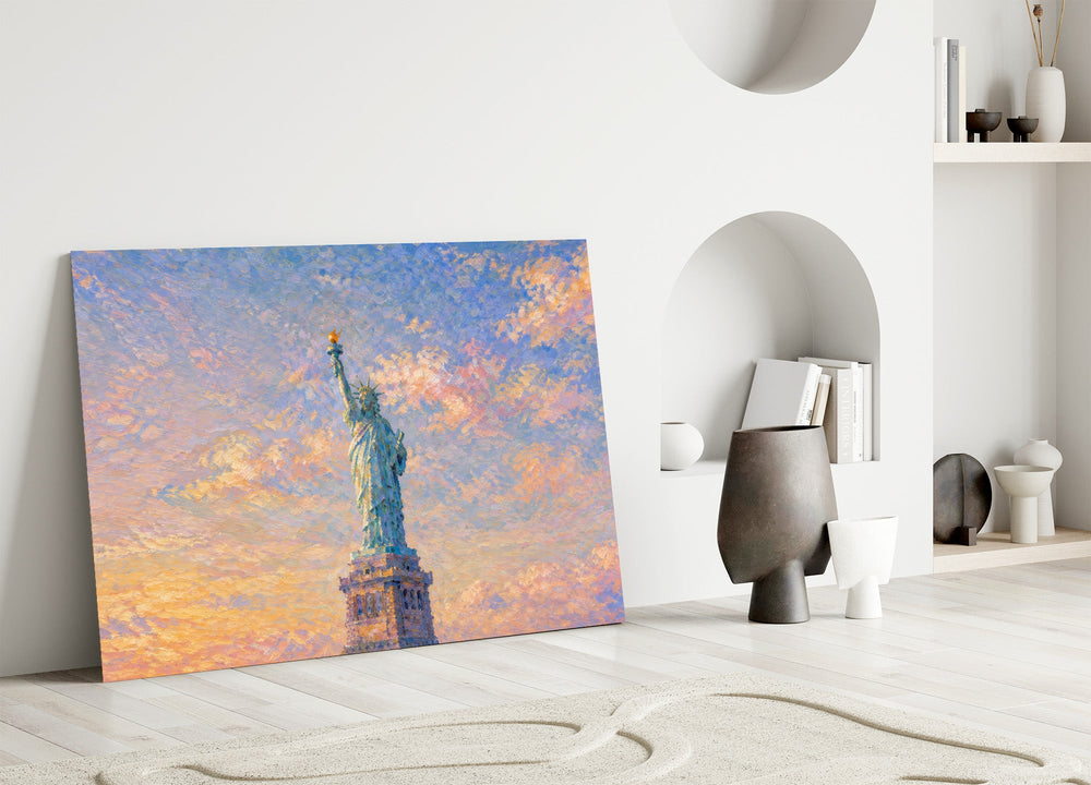 Statue of Liberty glass wall art leaning against a wall in a minimalist interior