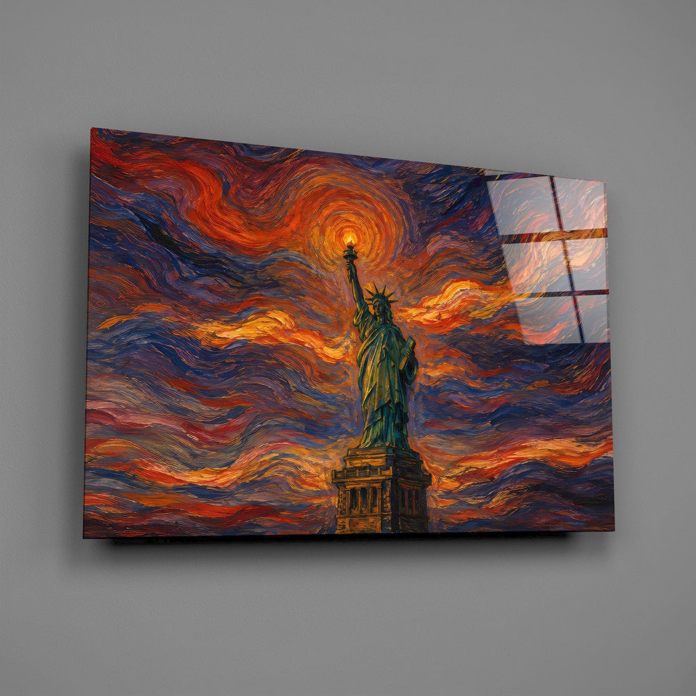 Statue of Liberty glass wall art mounted flat on a grey wall