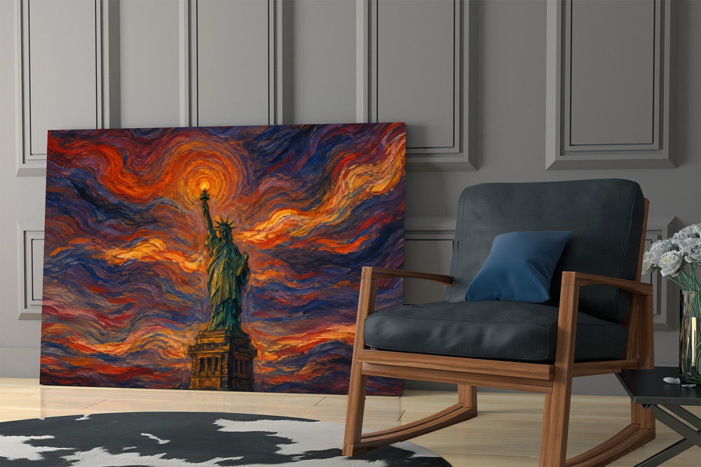Statue of Liberty glass wall art hanging as a focal point in a modern room
