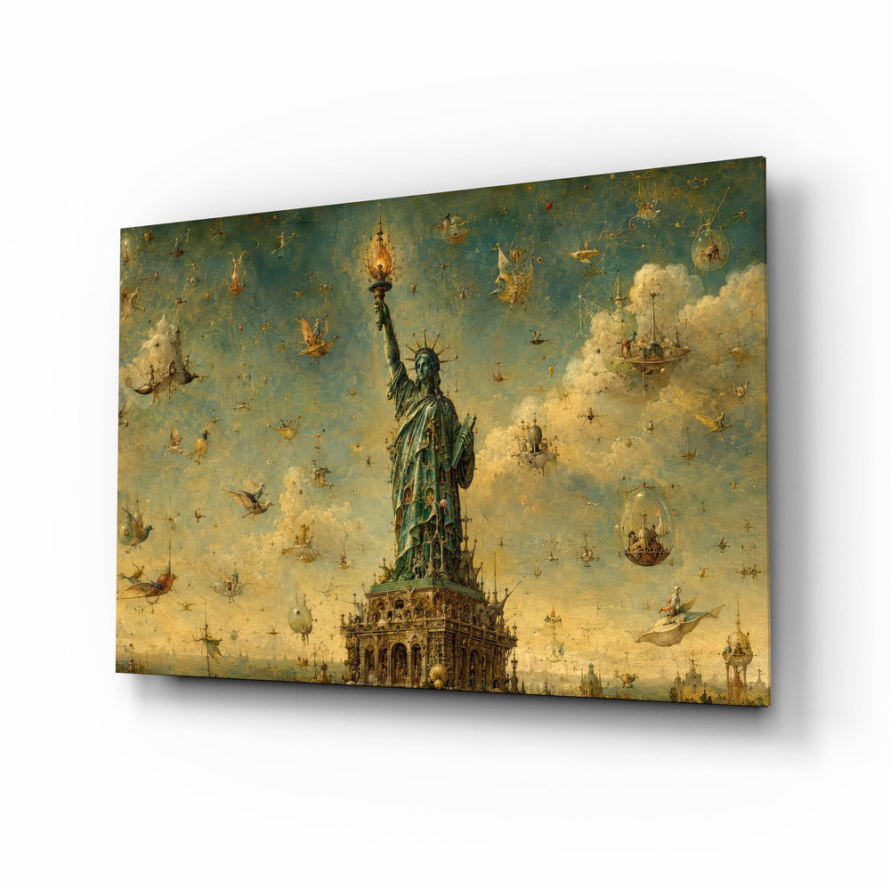 Statue of Liberty glass wall art, angled view of the tempered glass panel