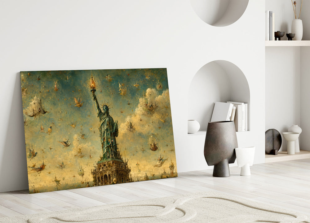 Statue of Liberty glass wall art leaning against a wall in a minimalist interior