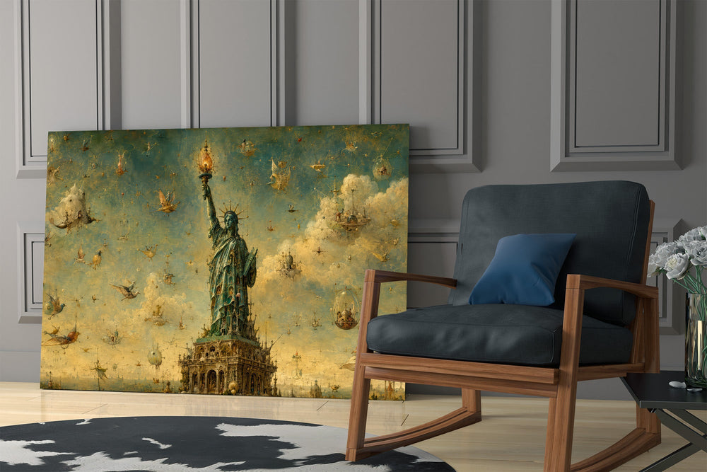 Statue of Liberty glass wall art hanging as a focal point in a modern room
