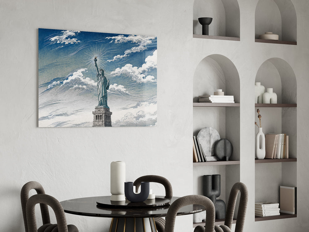 Statue of Liberty glass wall art shown in a warm, styled interior setting