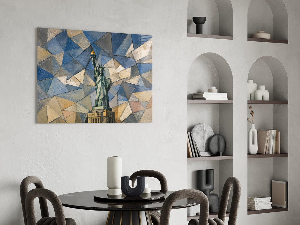 Statue of Liberty glass wall art shown in a warm, styled interior setting
