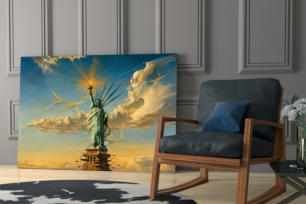 Statue of Liberty glass wall art hanging as a focal point in a modern room
