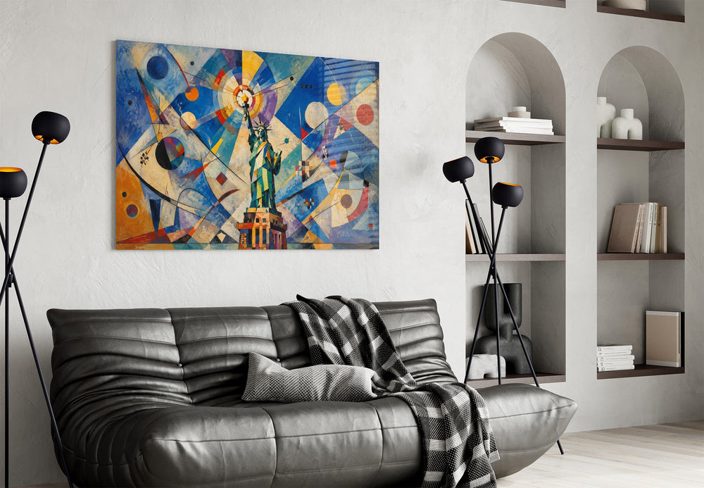 Statue of Liberty glass wall art styled in a contemporary living room