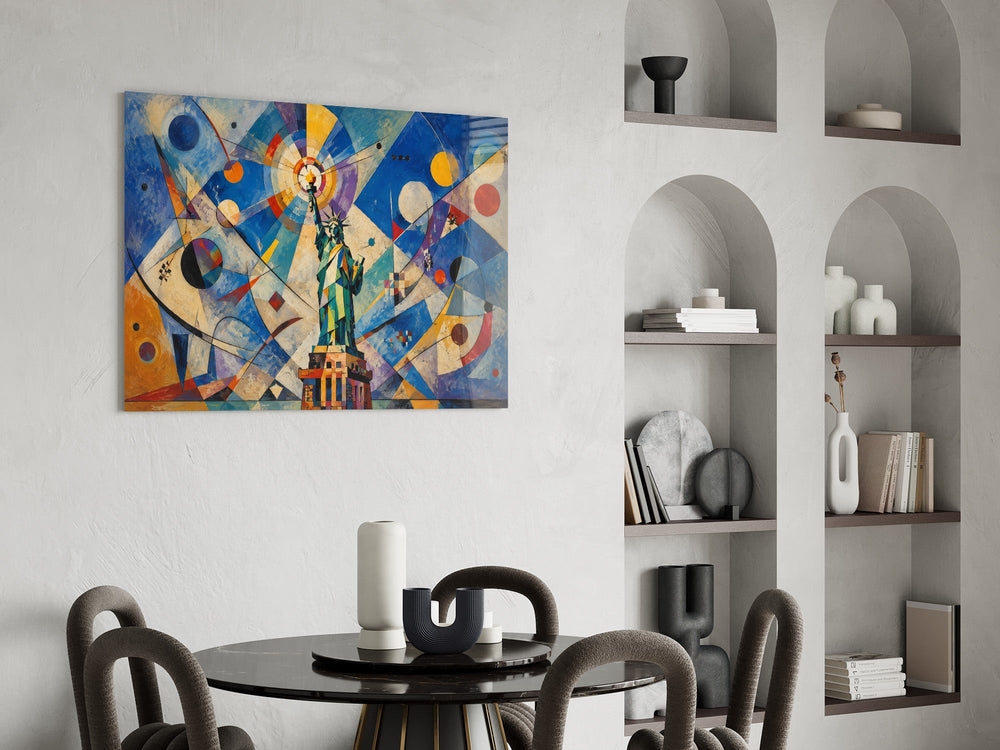 Statue of Liberty glass wall art shown in a warm, styled interior setting