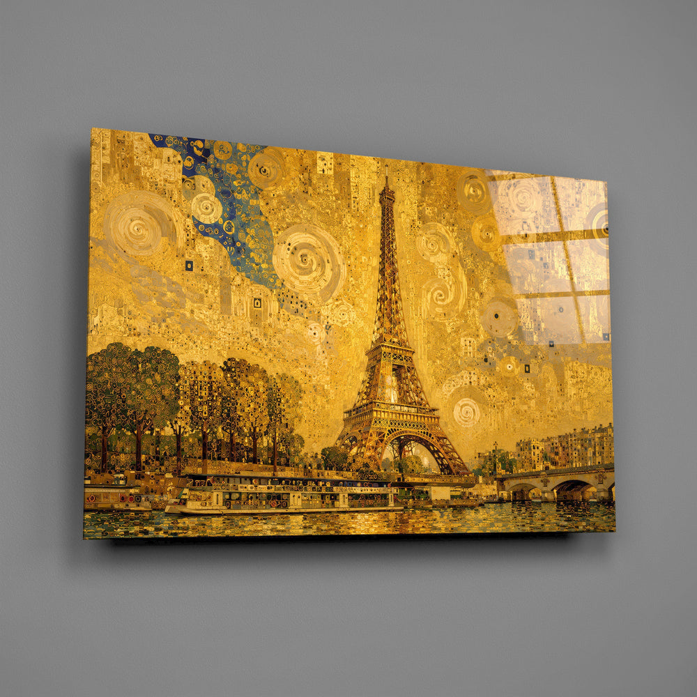 Eiffel Tower glass wall art mounted flat on a grey wall