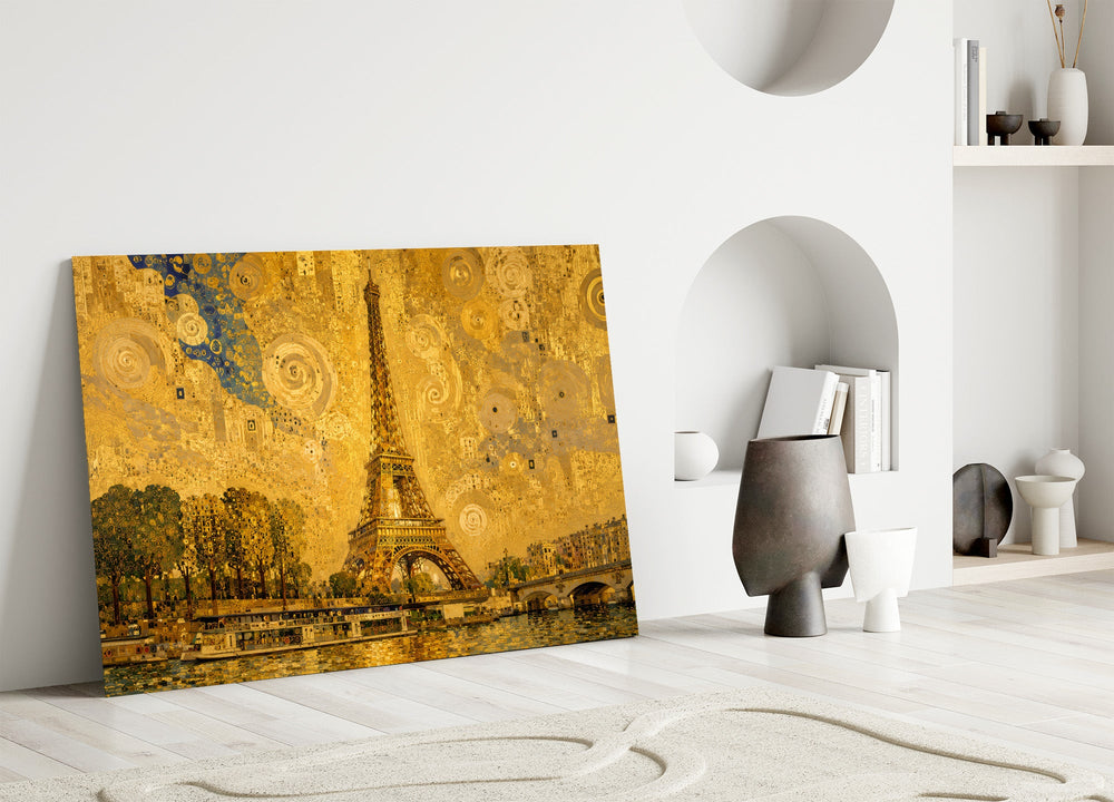 Eiffel Tower glass wall art leaning against a wall in a minimalist interior