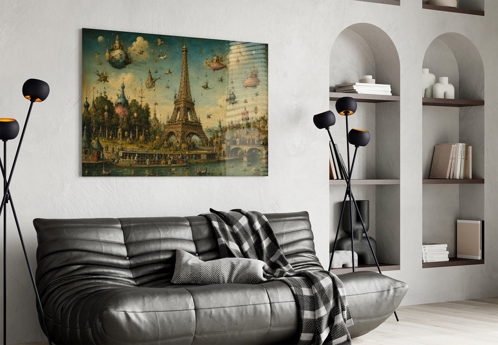 Eiffel Tower glass wall art styled in a contemporary living room