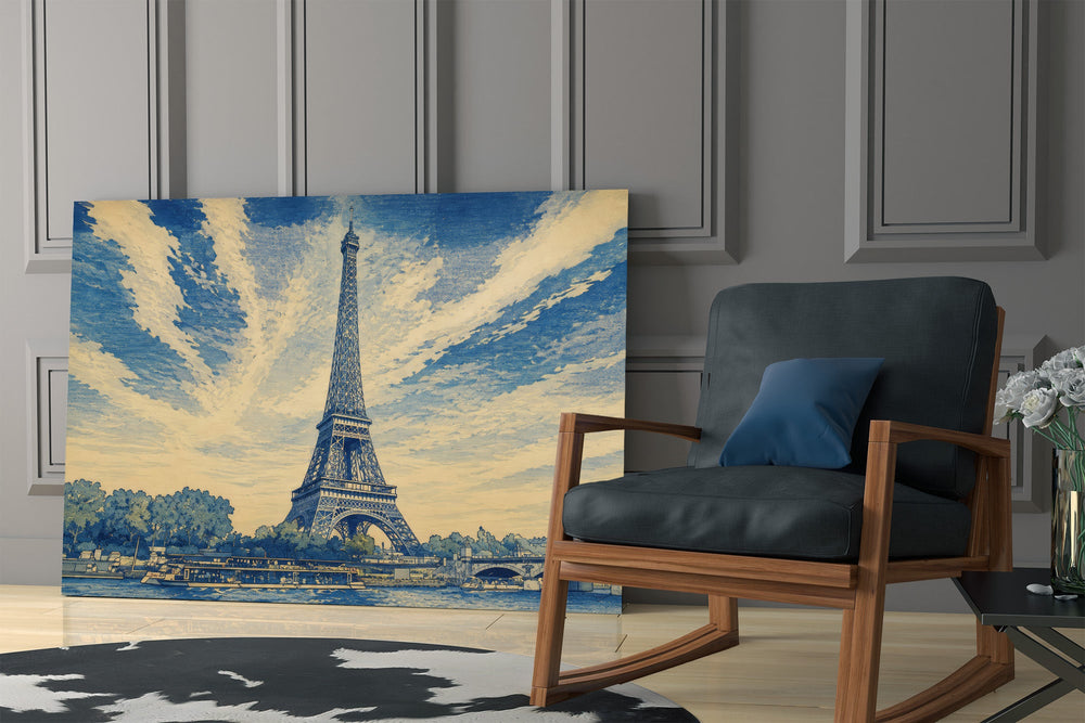 Eiffel Tower glass wall art hanging as a focal point in a modern room
