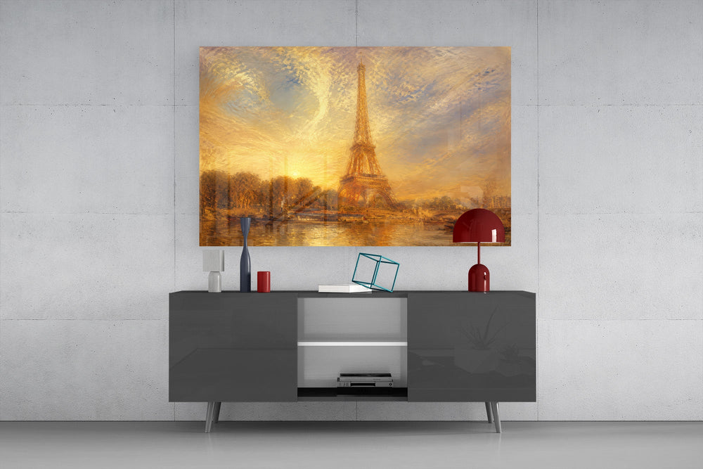 Eiffel Tower glass wall art displayed above a console in a modern interior