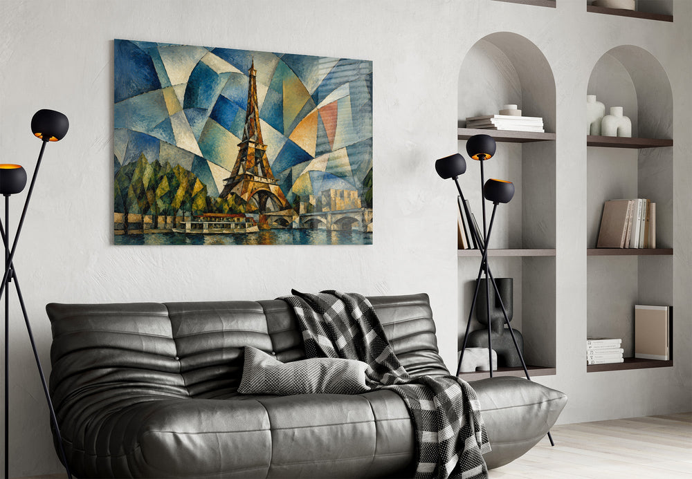 Eiffel Tower glass wall art styled in a contemporary living room
