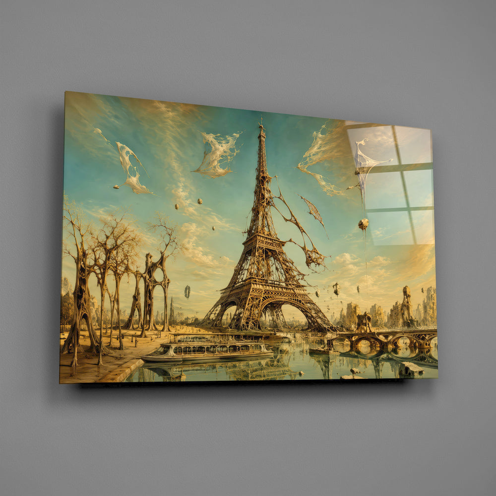 Eiffel Tower glass wall art mounted flat on a grey wall