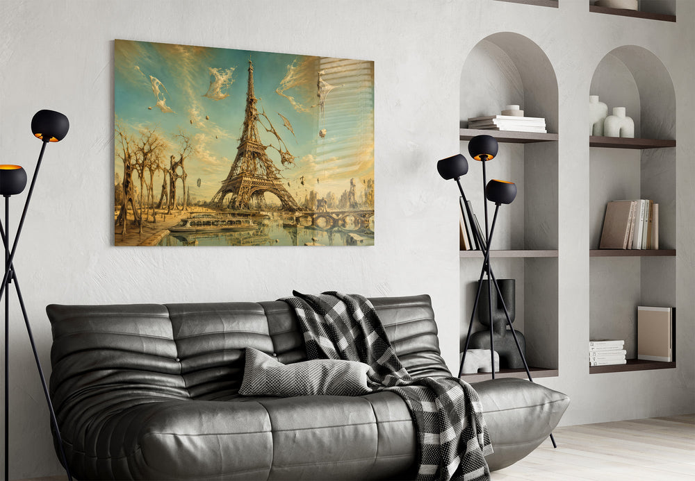 Eiffel Tower glass wall art styled in a contemporary living room
