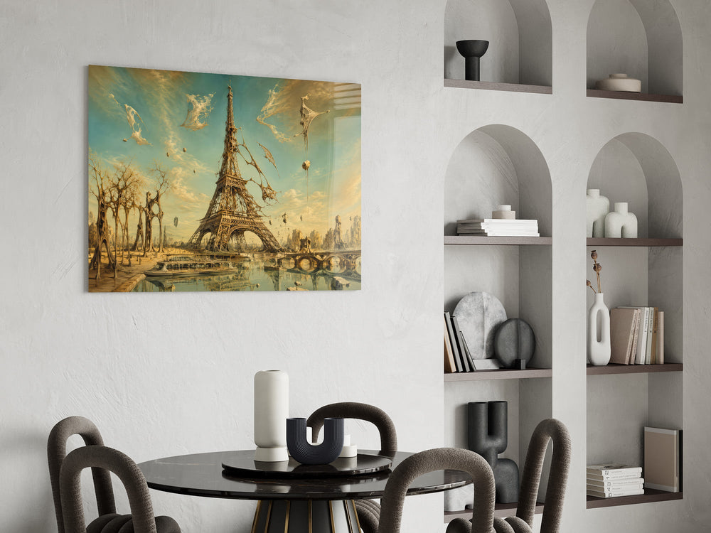 Eiffel Tower glass wall art shown in a warm, styled interior setting