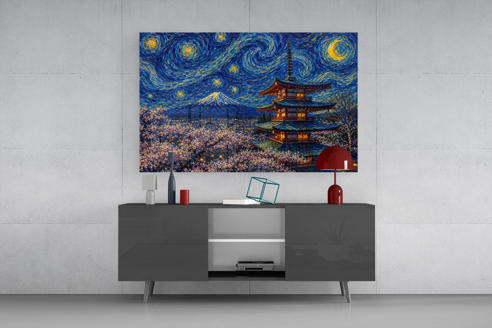 Mount Fuji Pagoda glass wall art displayed above a console in a modern interior