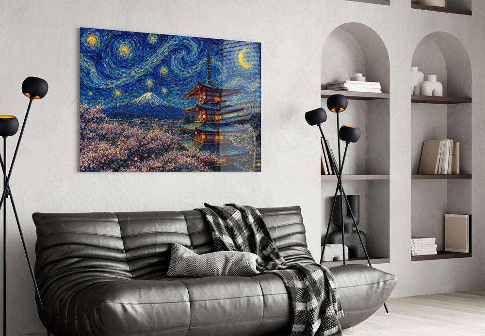 Mount Fuji Pagoda glass wall art styled in a contemporary living room