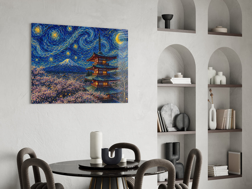 Mount Fuji Pagoda glass wall art shown in a warm, styled interior setting