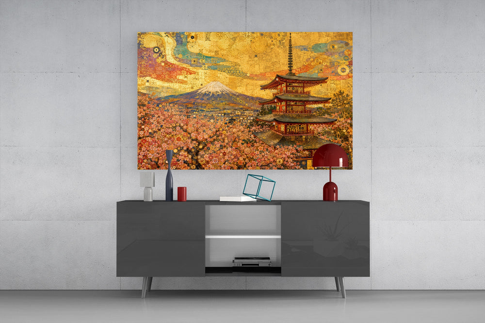 Mount Fuji Pagoda glass wall art displayed above a console in a modern interior