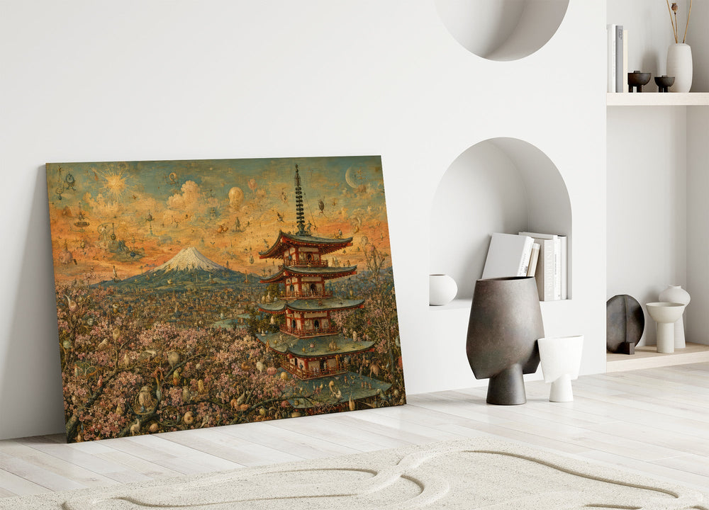 Mount Fuji Pagoda glass wall art leaning against a wall in a minimalist interior