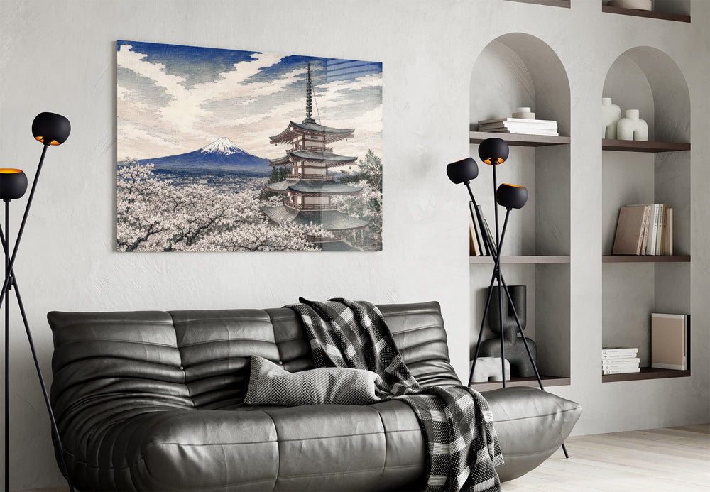 Mount Fuji Pagoda glass wall art styled in a contemporary living room