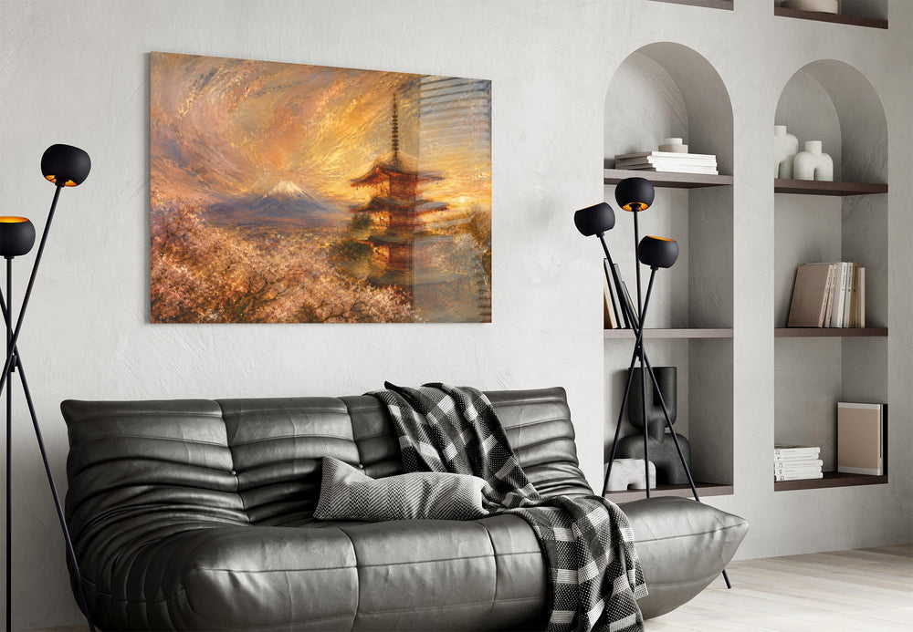Mount Fuji Pagoda glass wall art styled in a contemporary living room