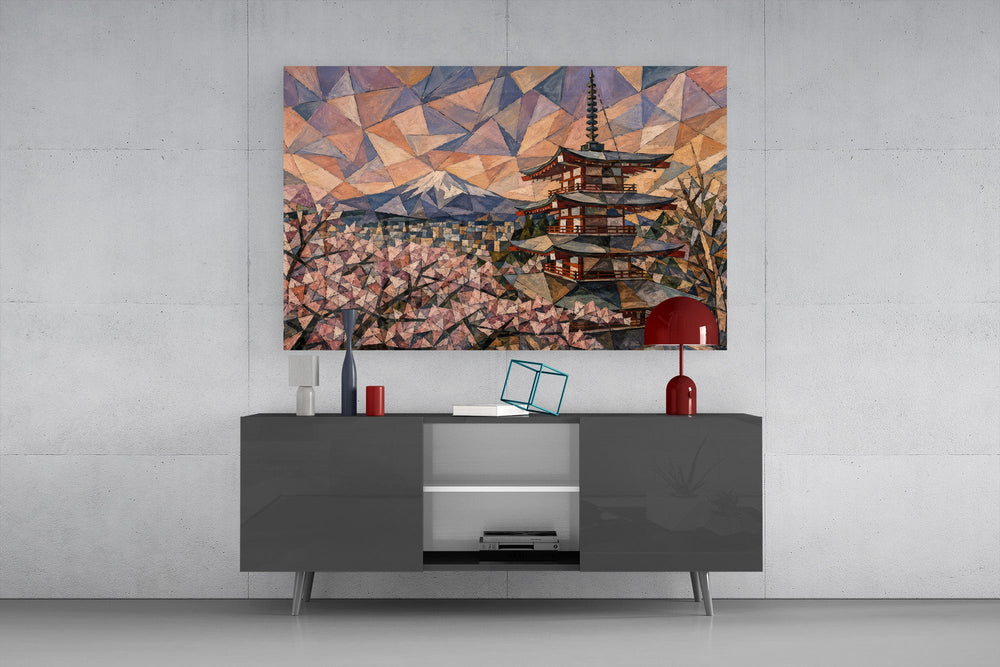 Mount Fuji Pagoda glass wall art displayed above a console in a modern interior