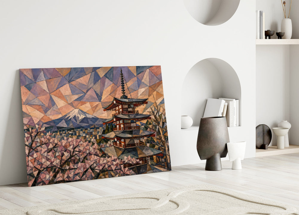 Mount Fuji Pagoda glass wall art leaning against a wall in a minimalist interior