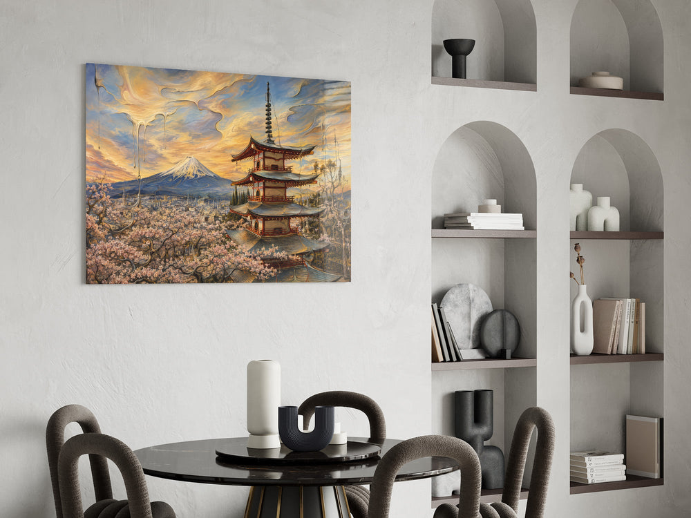 Mount Fuji Pagoda glass wall art shown in a warm, styled interior setting