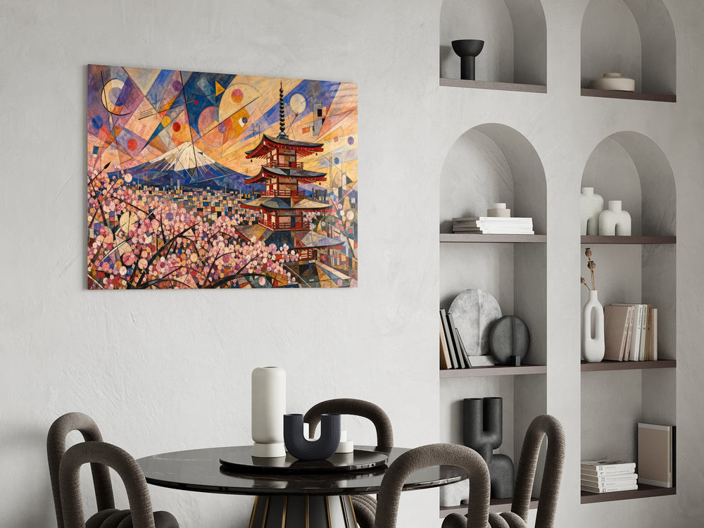 Mount Fuji Pagoda glass wall art shown in a warm, styled interior setting