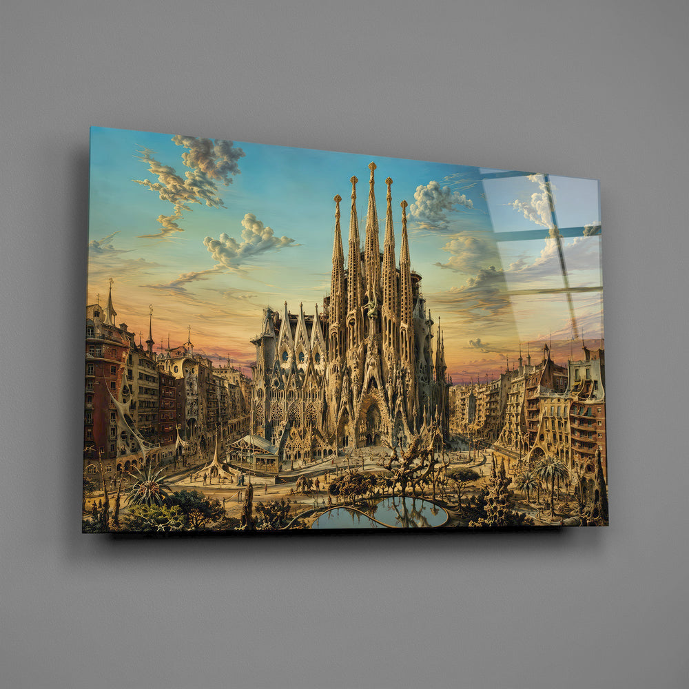 Sagrada Familia glass wall art mounted flat on a grey wall
