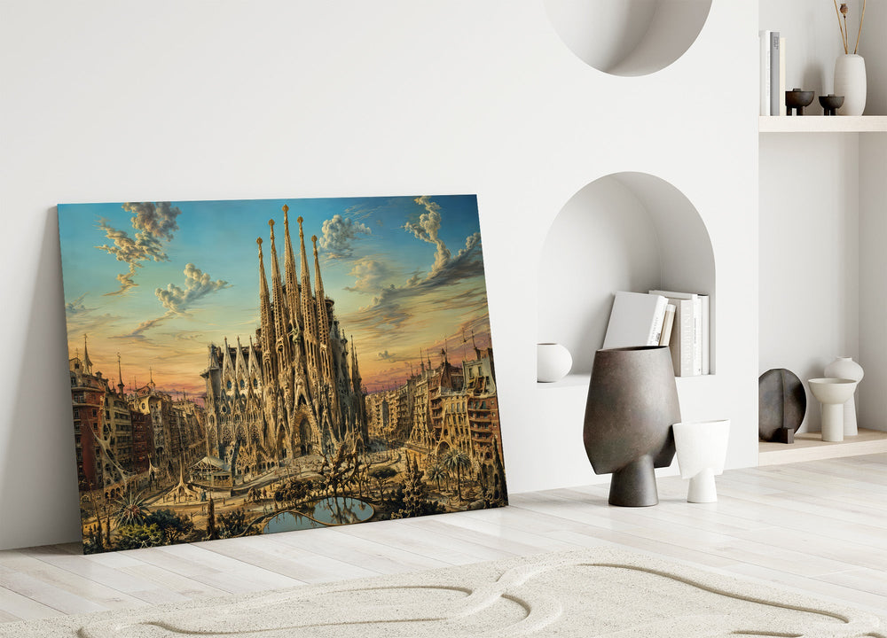 Sagrada Familia glass wall art leaning against a wall in a minimalist interior