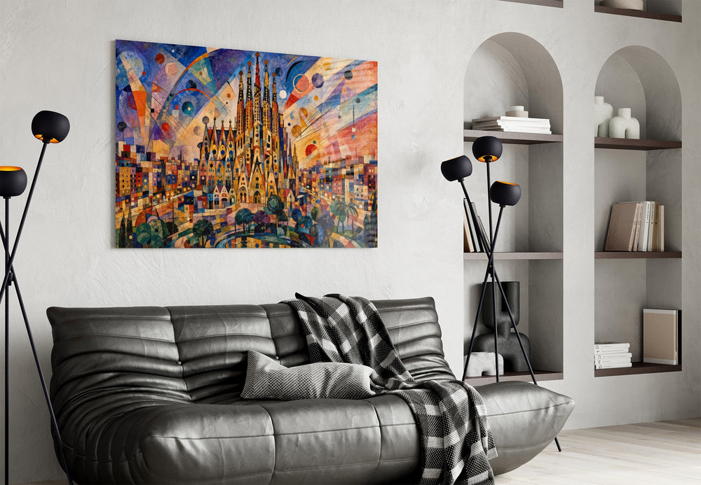 Sagrada Familia glass wall art styled in a contemporary living room