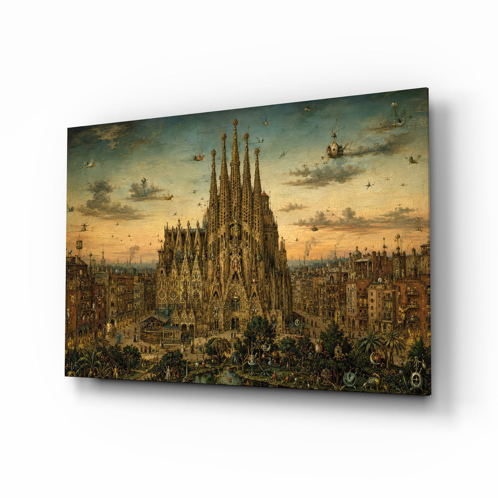 Sagrada Familia glass wall art, angled view of the tempered glass panel