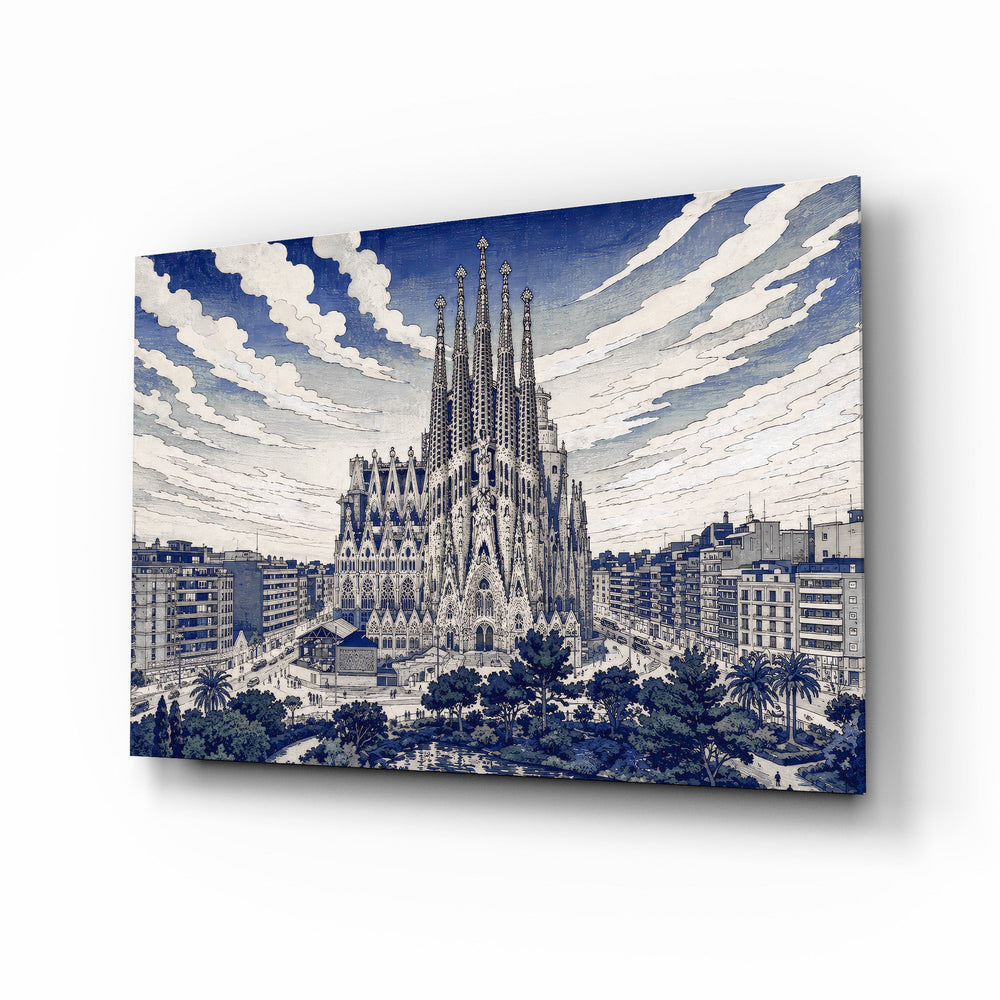 Sagrada Familia glass wall art, angled view of the tempered glass panel