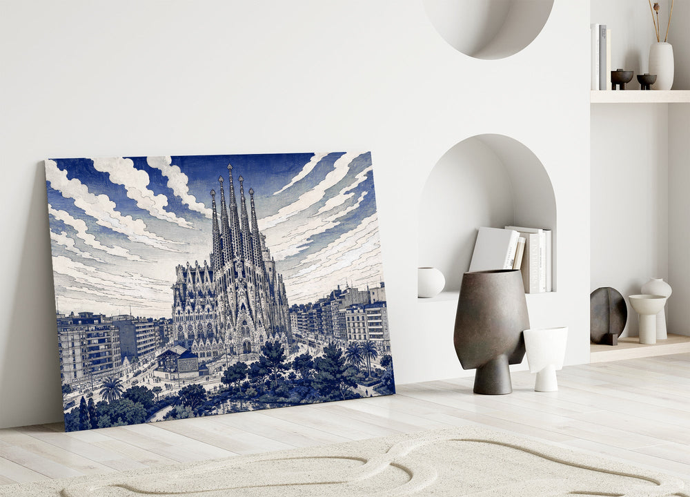 Sagrada Familia glass wall art leaning against a wall in a minimalist interior
