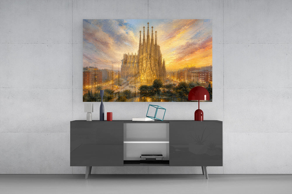 Sagrada Familia glass wall art displayed above a console in a modern interior