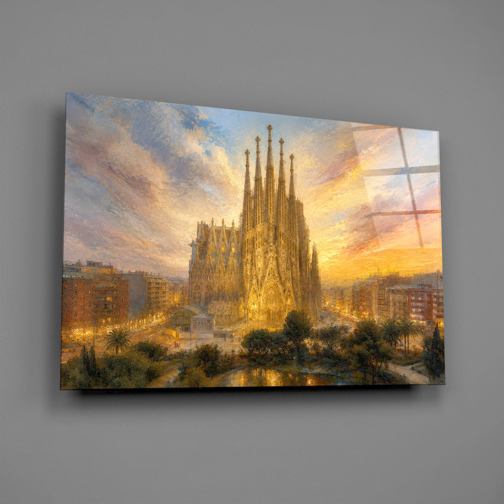 Sagrada Familia glass wall art mounted flat on a grey wall