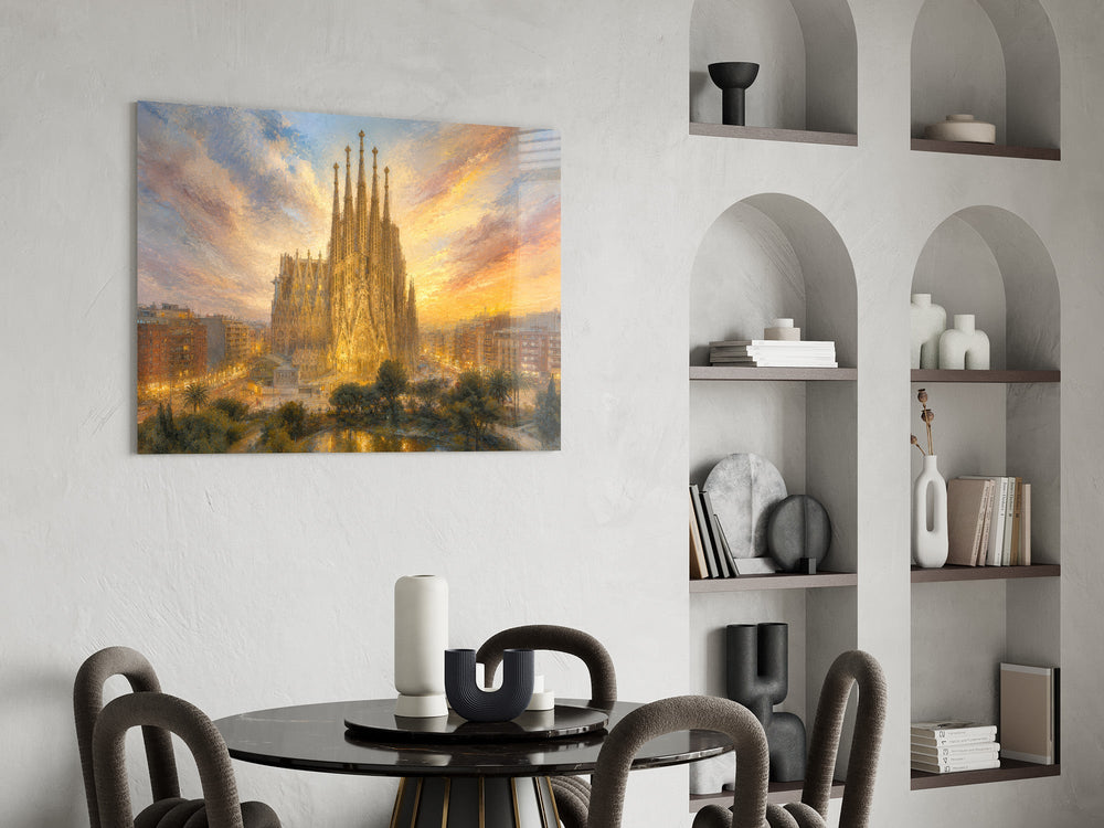 Sagrada Familia glass wall art shown in a warm, styled interior setting