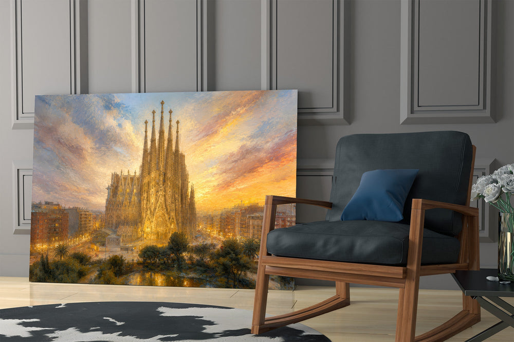 Sagrada Familia glass wall art hanging as a focal point in a modern room